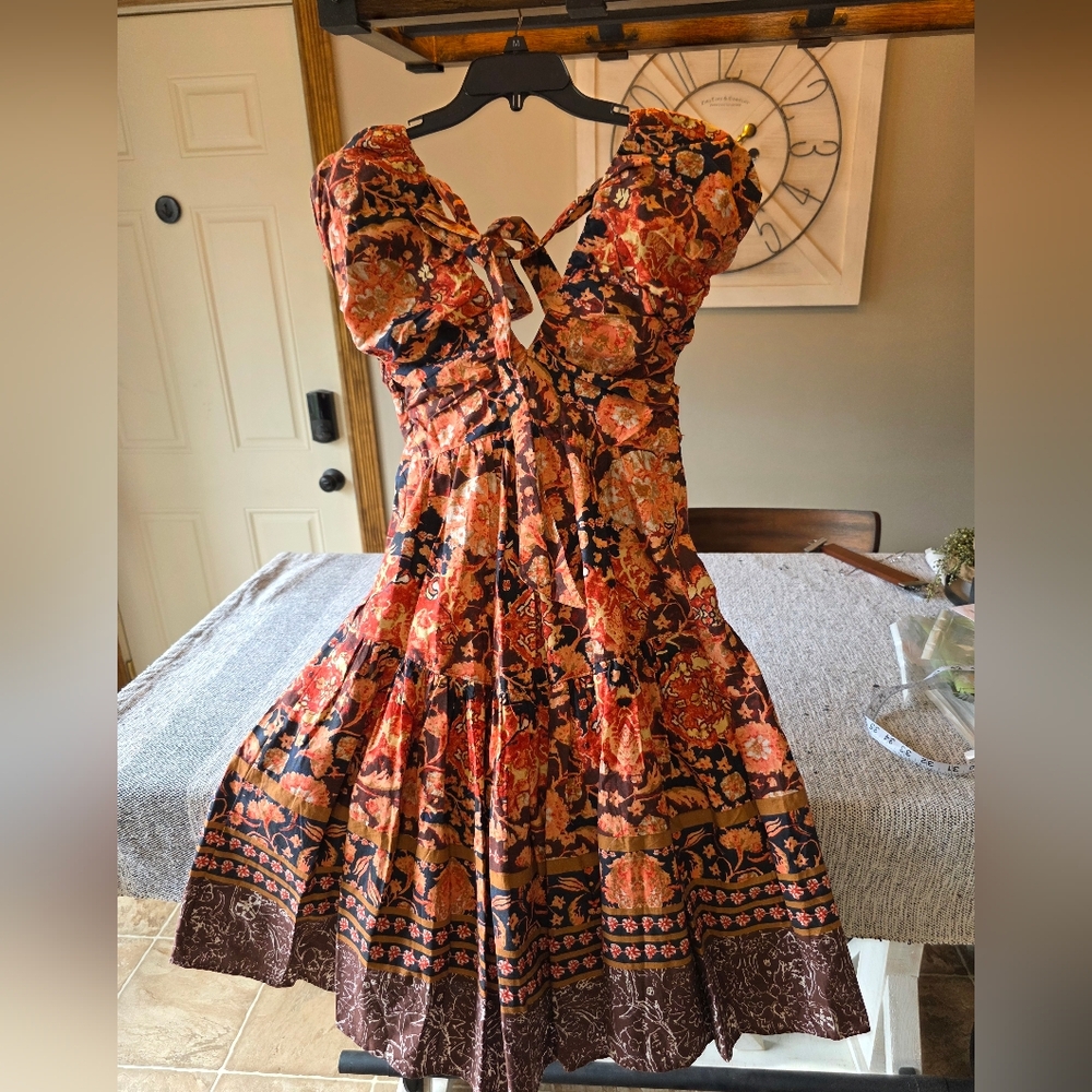 Anthropologie Floral Backless Dress in Orange and Brown